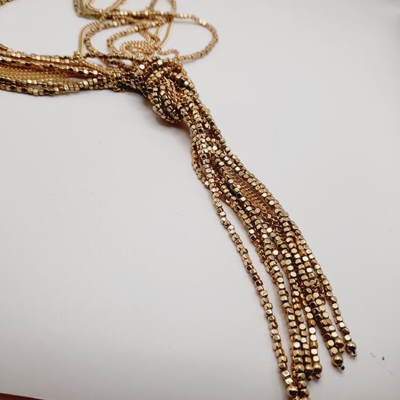 Chico’s Gold Tone 9-Strand Knotted Tassel Necklace, 26", Statement Piece - Picture 10 of 11